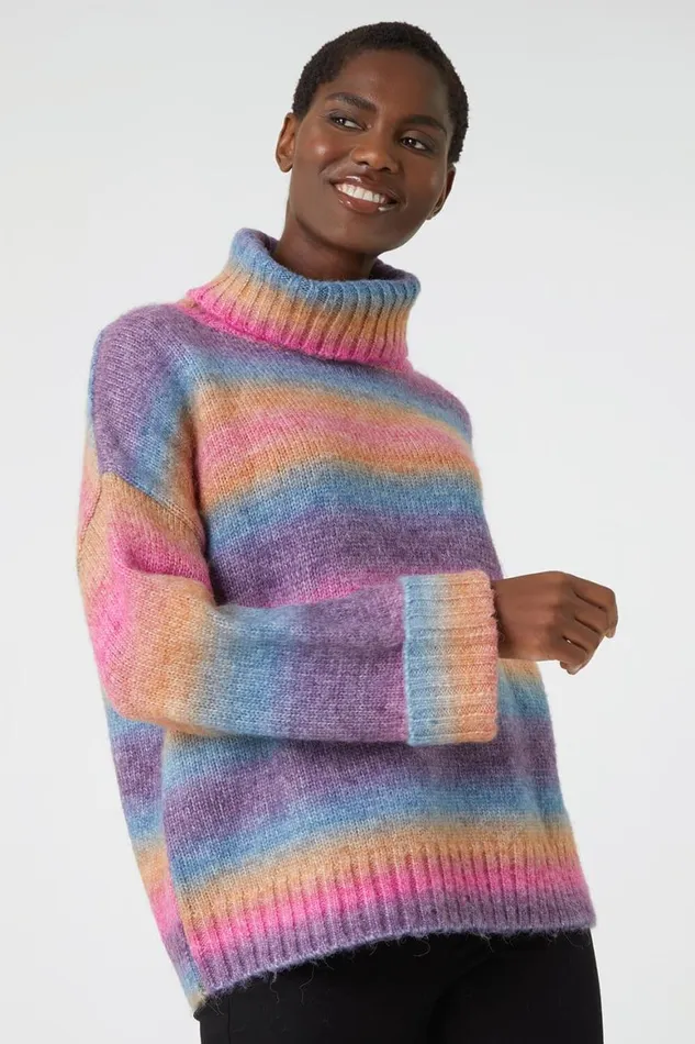 Women Multi Relaxed Roll Neck Ombre Jumper Roman Knitwear