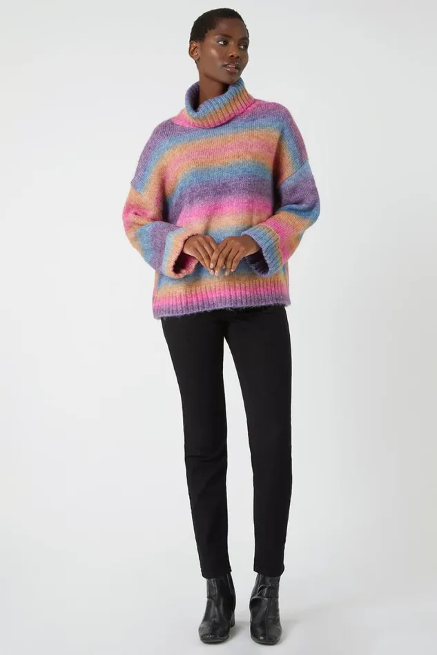 Women Multi Relaxed Roll Neck Ombre Jumper Roman Knitwear