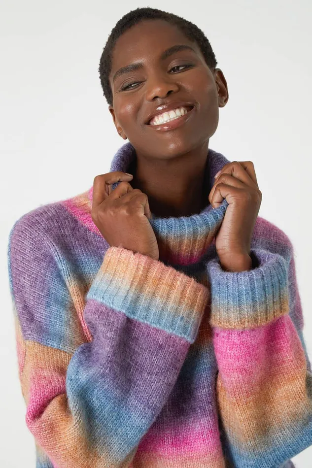 Women Multi Relaxed Roll Neck Ombre Jumper Roman Knitwear