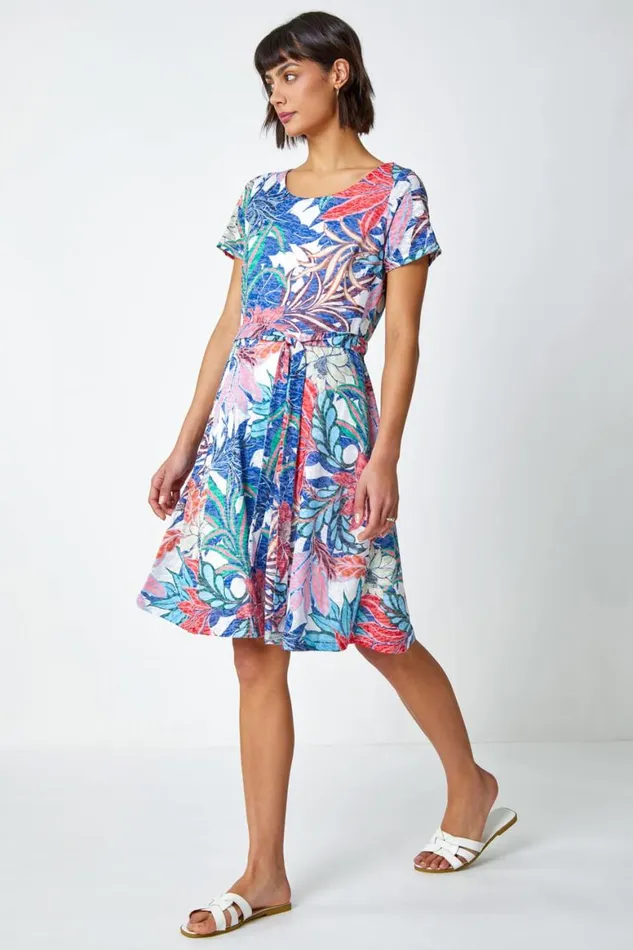 Women Multi Tropical Burnout Print Belted Dress Roman Dresses