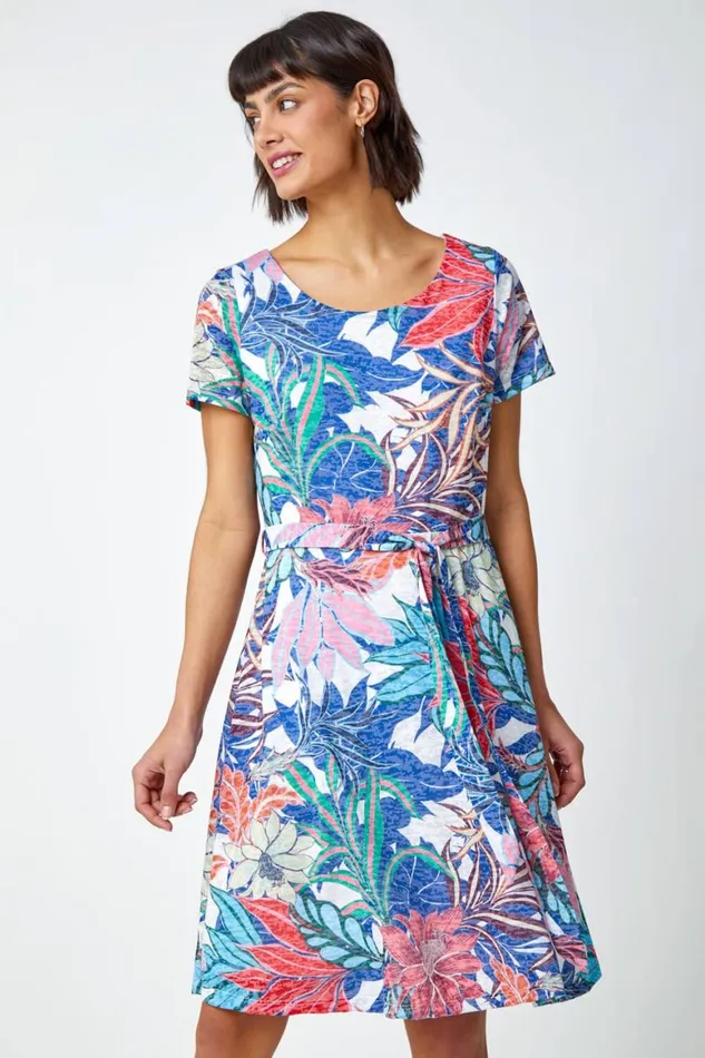 Women Multi Tropical Burnout Print Belted Dress Roman Dresses