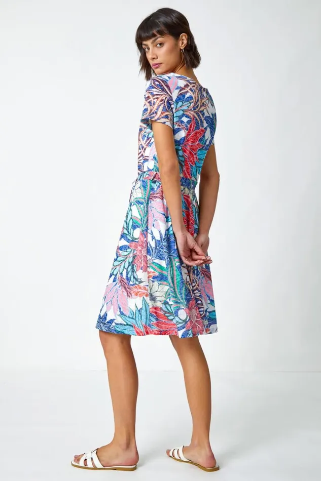 Women Multi Tropical Burnout Print Belted Dress Roman Dresses