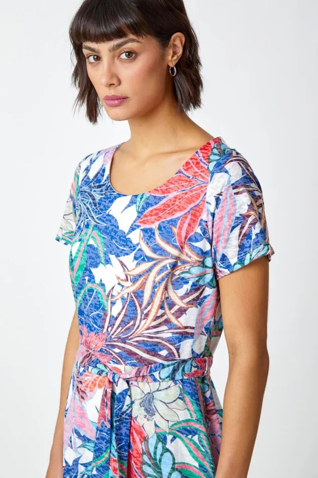 Women Multi Tropical Burnout Print Belted Dress Roman Dresses