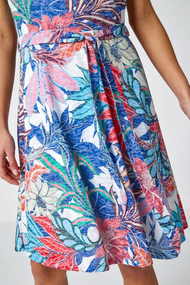 Women Multi Tropical Burnout Print Belted Dress Roman Dresses