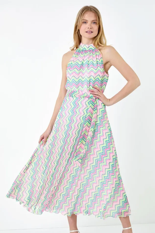 Women Multi Zig Zag Halter Neck Pleated Dress Roman Dresses