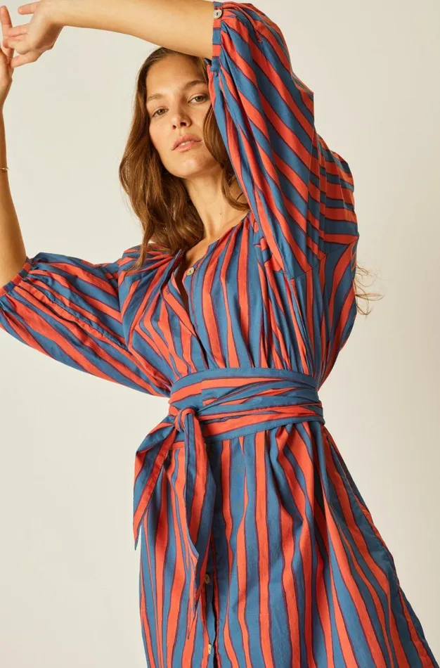 Women Natalie Martin Dresses Alex Midi With Sash Batik Stripe Blood Orange