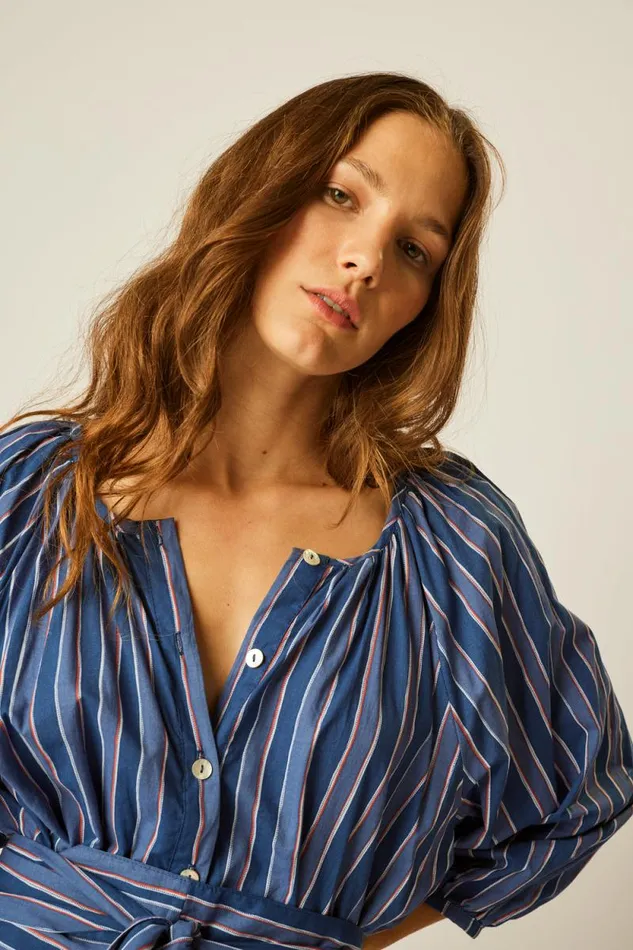 Women Natalie Martin Dresses Alex Short Dress With Sash Batik Stripe Navy