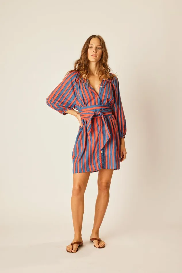 Women Natalie Martin Dresses Alex Short Dress With Sash Batik Stripe Sage
