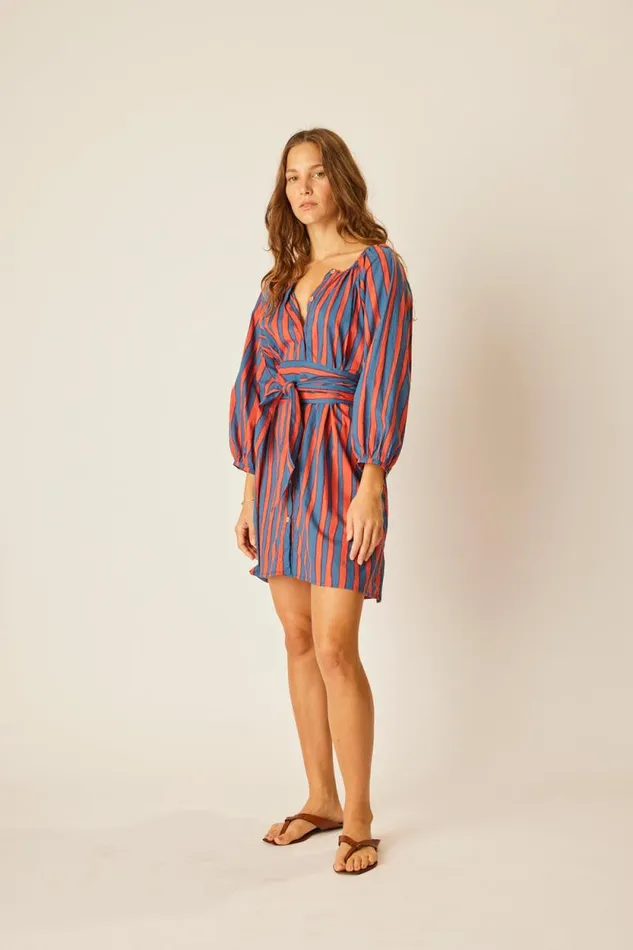 Women Natalie Martin Dresses Alex Short Dress With Sash Batik Stripe Sage