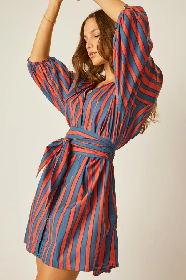 Women Natalie Martin Dresses Alex Short Dress With Sash Batik Stripe Sage