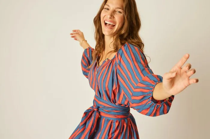 Women Natalie Martin Dresses Alex Short Dress With Sash Batik Stripe Sage