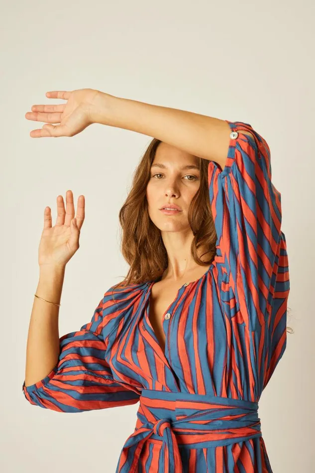 Women Natalie Martin Dresses Alex Short Dress With Sash Batik Stripe Sage