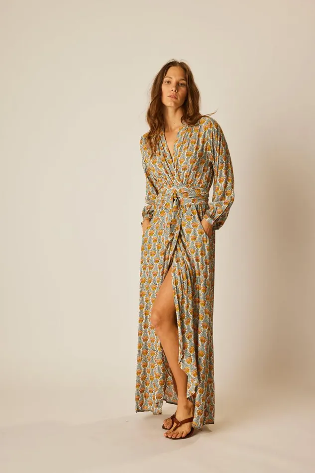 Women Natalie Martin Dresses Nico LS Maxi With Sash Tulip French Blue