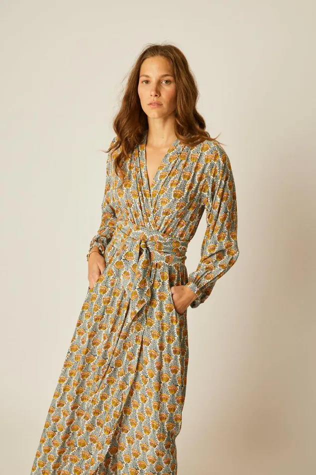 Women Natalie Martin Dresses Nico LS Maxi With Sash Tulip French Blue