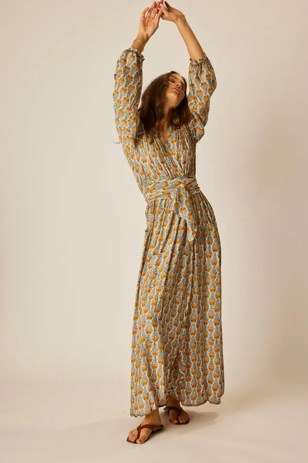 Women Natalie Martin Dresses Nico LS Maxi With Sash Tulip French Blue