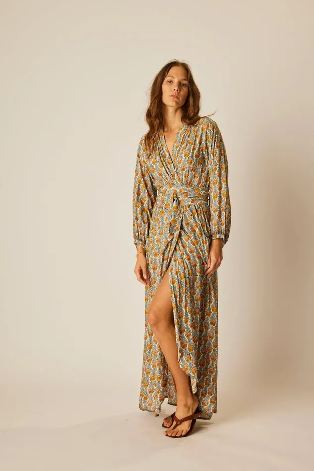 Women Natalie Martin Dresses Nico LS Maxi With Sash Tulip French Blue