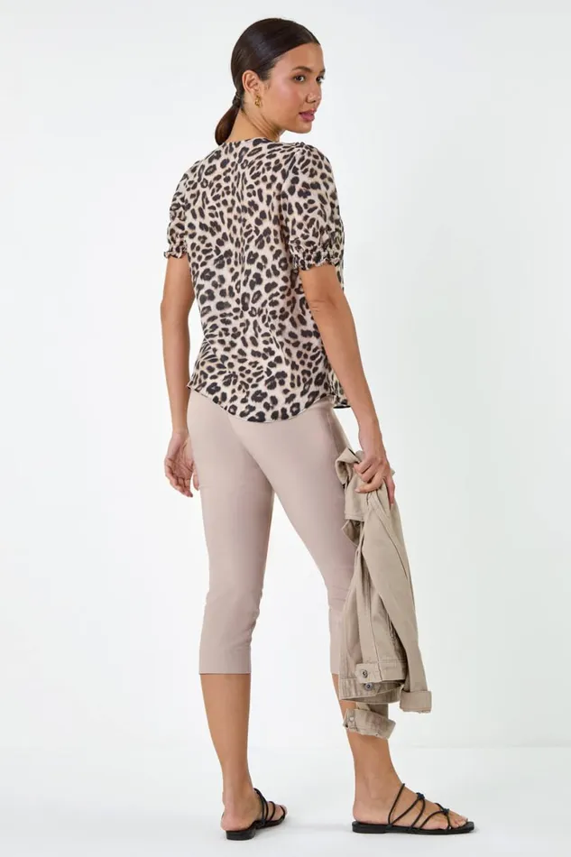 Women Natural Animal Print Frill Front Top Roman Tops