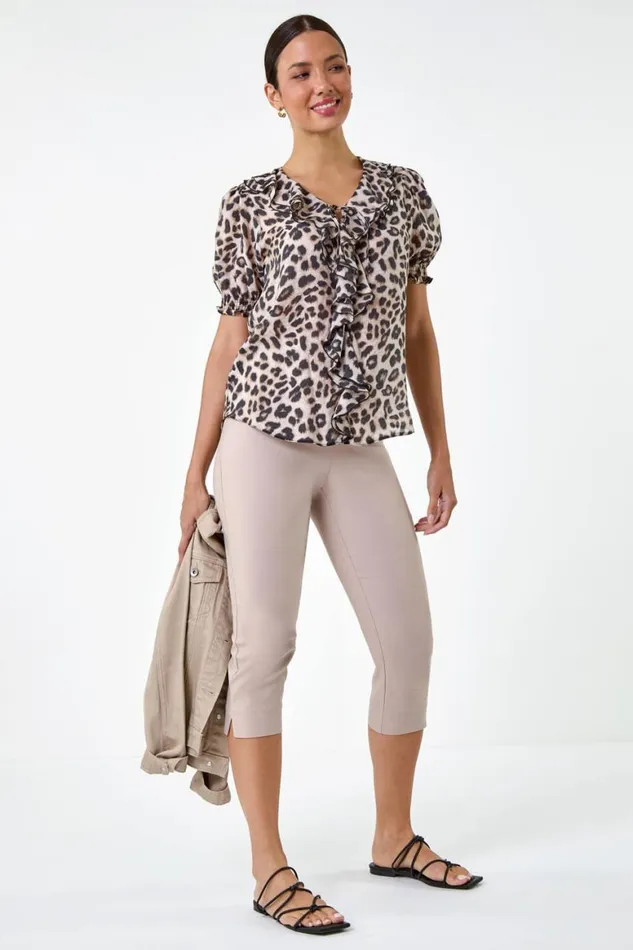 Women Natural Animal Print Frill Front Top Roman Tops