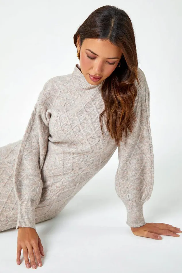Women Natural Cable Knit Jumper Stretch Dress Roman Dresses