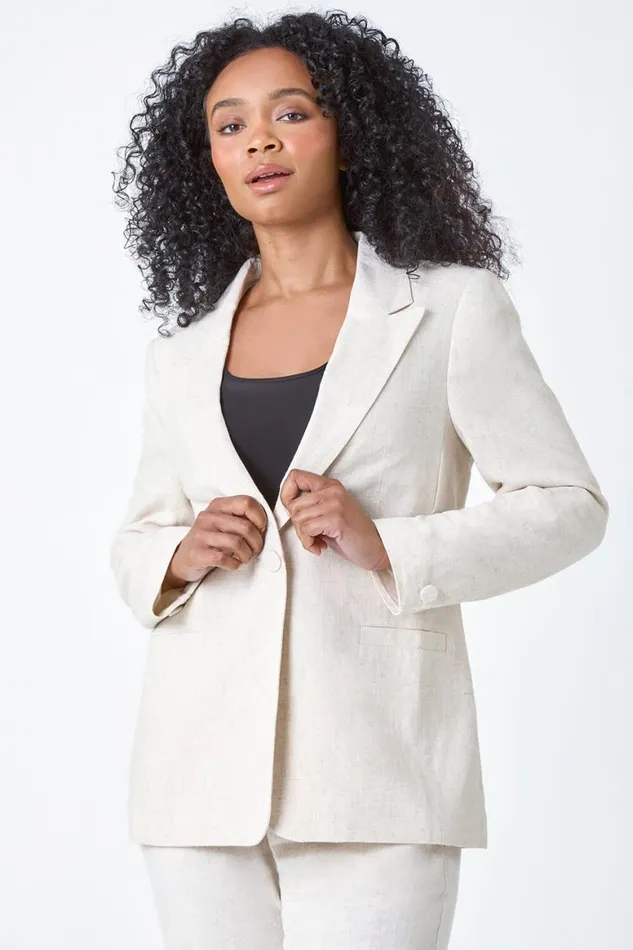 Women Natural Petite Linen Blend Blazer Roman Jackets