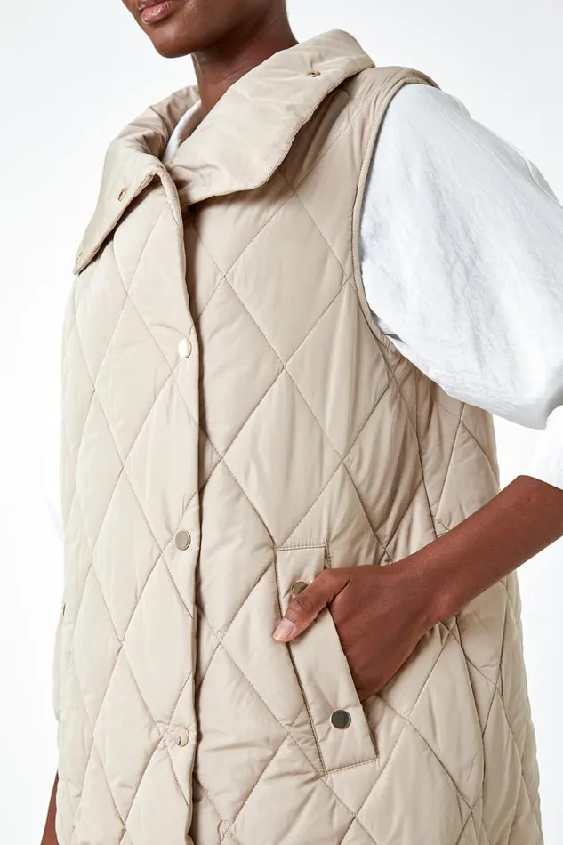 Women Natural Quilted High Neck Longline Gilet Roman Coats