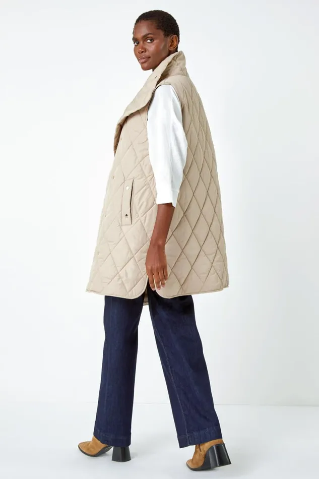 Women Natural Quilted High Neck Longline Gilet Roman Coats