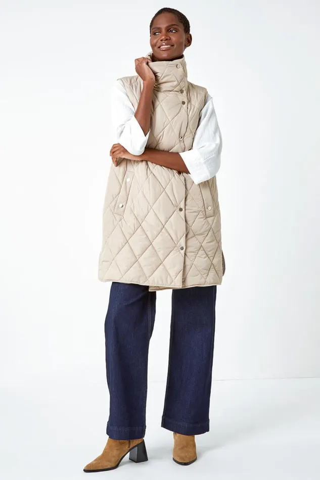 Women Natural Quilted High Neck Longline Gilet Roman Coats