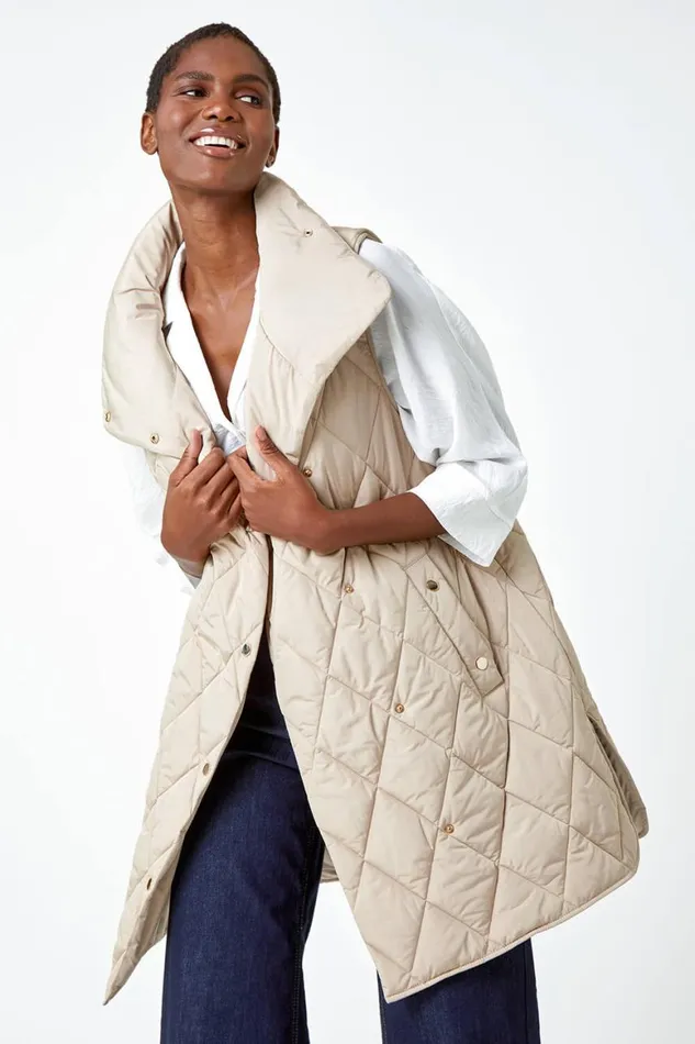 Women Natural Quilted High Neck Longline Gilet Roman Coats