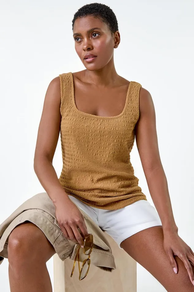 Women Natural Textured Square Neck Stretch Vest Top Roman Tops