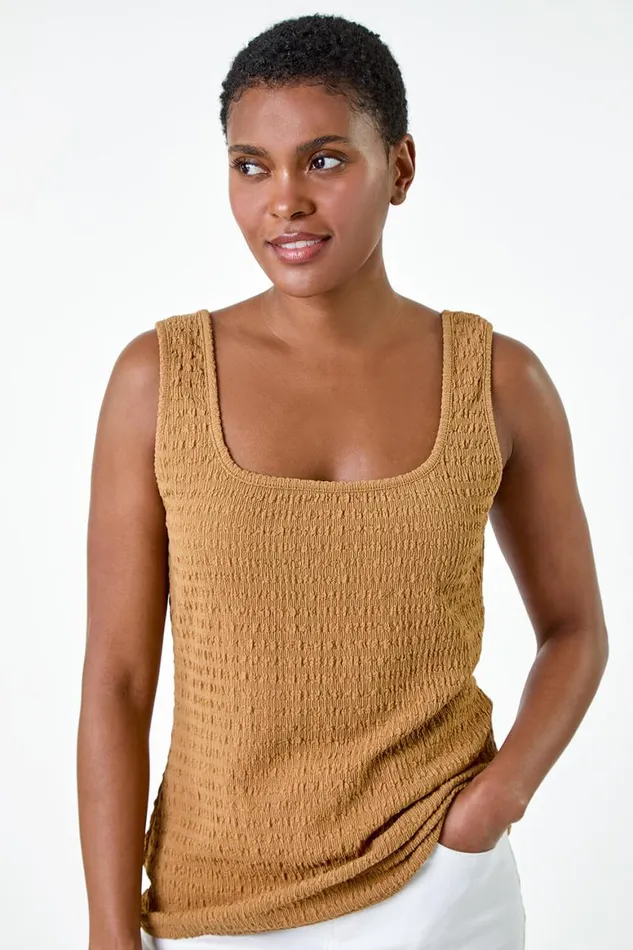 Women Natural Textured Square Neck Stretch Vest Top Roman Tops