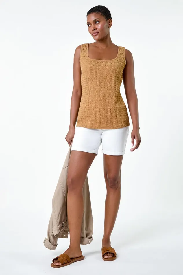 Women Natural Textured Square Neck Stretch Vest Top Roman Tops