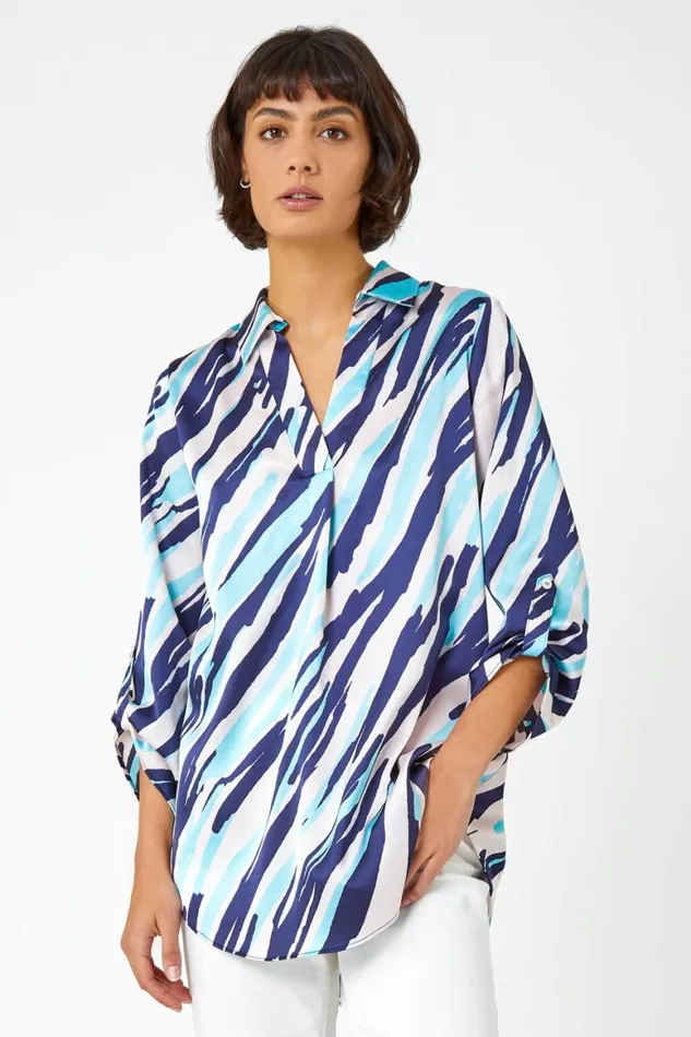 Women Navy Abstract Print Collared Overshirt Roman Blouses and Shirts
