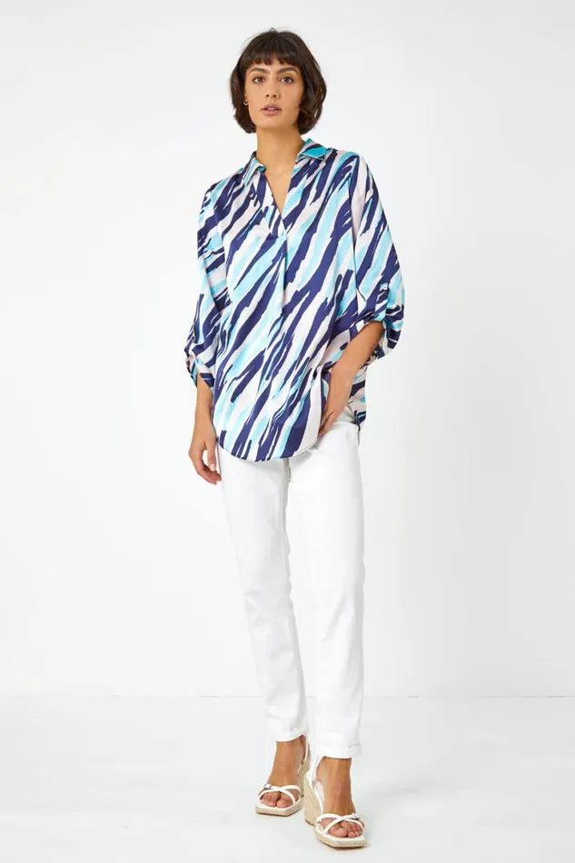 Women Navy Abstract Print Collared Overshirt Roman Blouses and Shirts