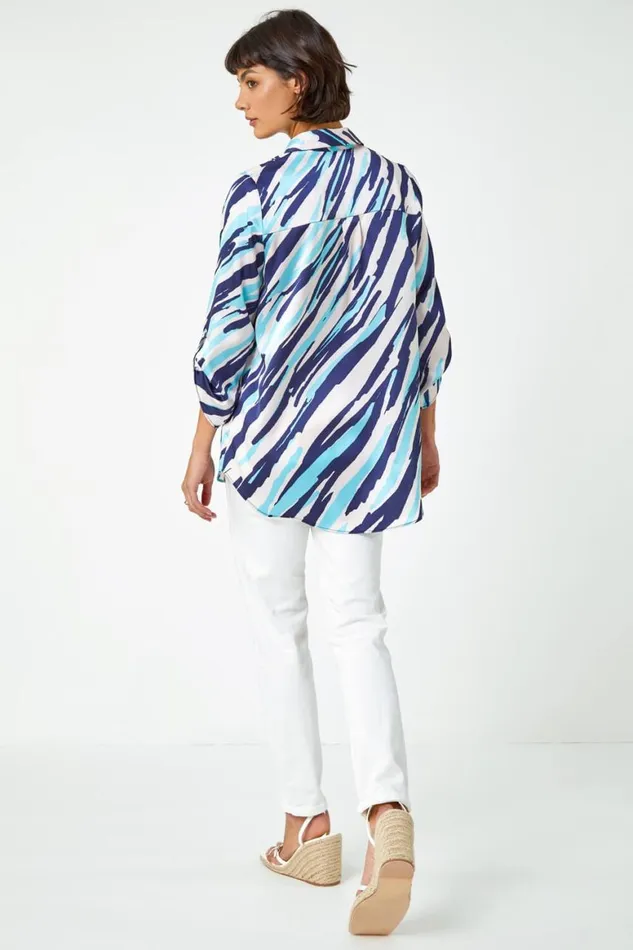 Women Navy Abstract Print Collared Overshirt Roman Blouses and Shirts