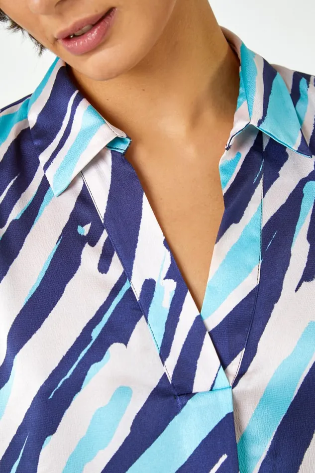 Women Navy Abstract Print Collared Overshirt Roman Blouses and Shirts