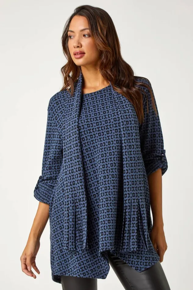 Women Navy Abstract Print Stretch Tunic Top and Scarf Roman Tops