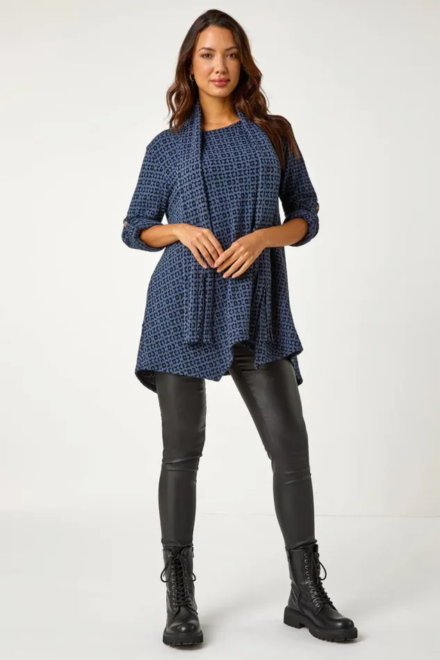 Women Navy Abstract Print Stretch Tunic Top and Scarf Roman Tops