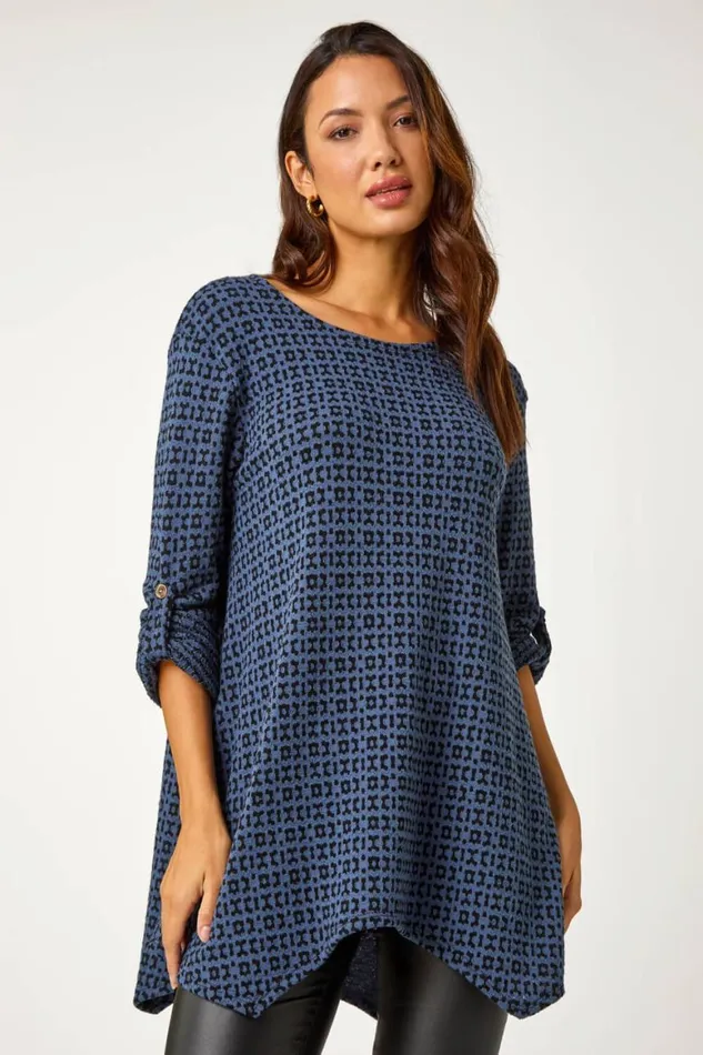 Women Navy Abstract Print Stretch Tunic Top and Scarf Roman Tops