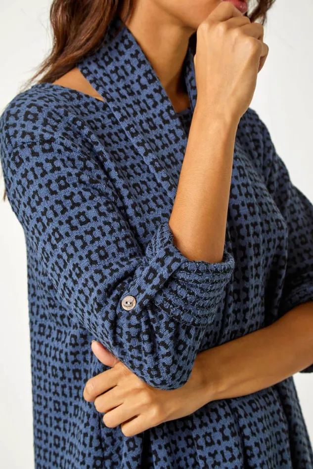 Women Navy Abstract Print Stretch Tunic Top and Scarf Roman Tops