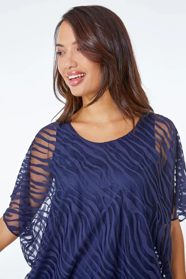Women Navy Animal Burnout Blouson Stretch Top Roman Tops