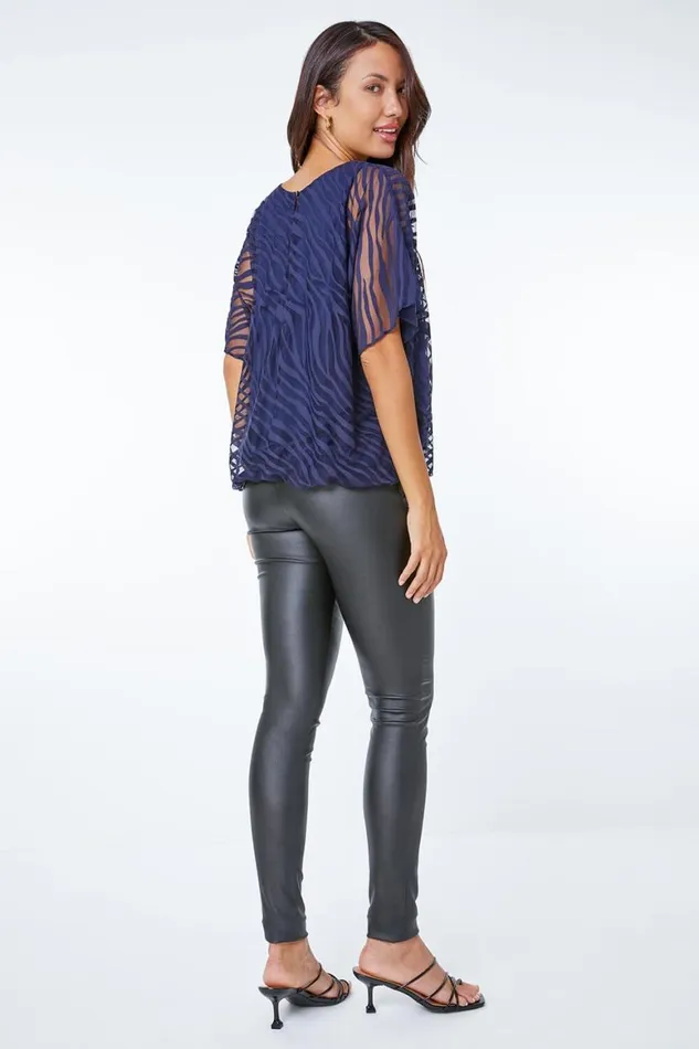 Women Navy Animal Burnout Blouson Stretch Top Roman Tops