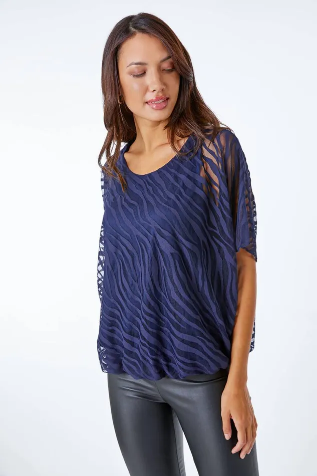 Women Navy Animal Burnout Blouson Stretch Top Roman Tops
