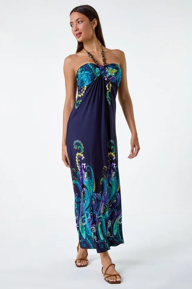 Women Navy Bead Necklace Bandeau Stretch Maxi Dress Roman Dresses