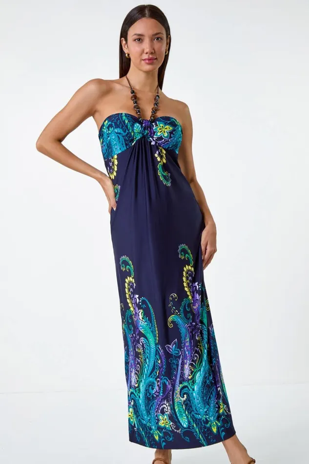 Women Navy Bead Necklace Bandeau Stretch Maxi Dress Roman Dresses