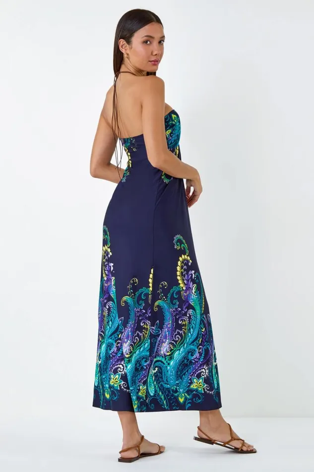 Women Navy Bead Necklace Bandeau Stretch Maxi Dress Roman Dresses