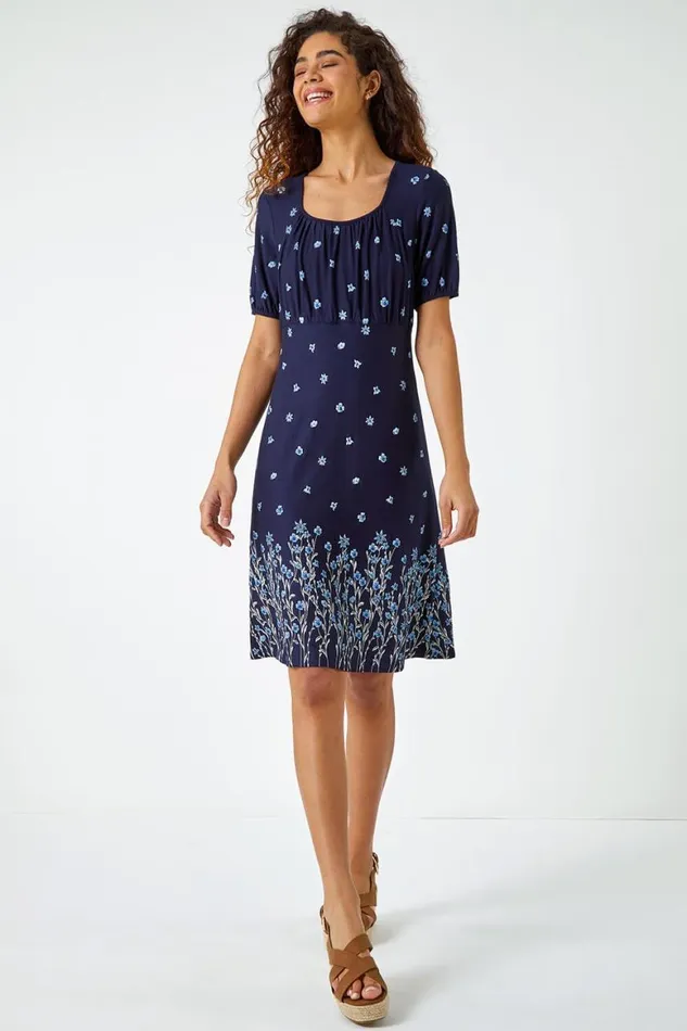 Women Navy Border Print Floral Dress Roman Dresses