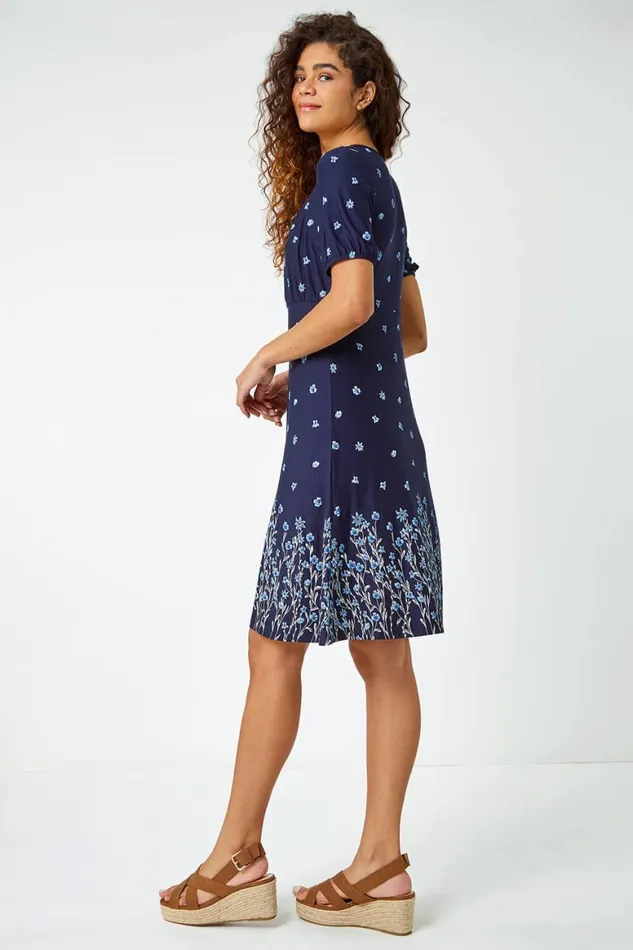 Women Navy Border Print Floral Dress Roman Dresses