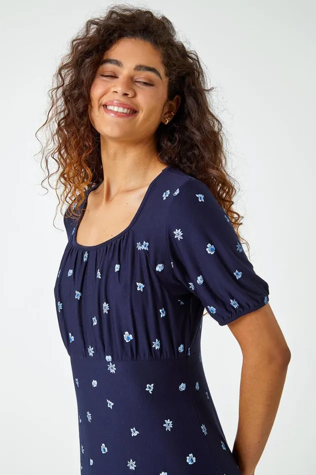 Women Navy Border Print Floral Dress Roman Dresses