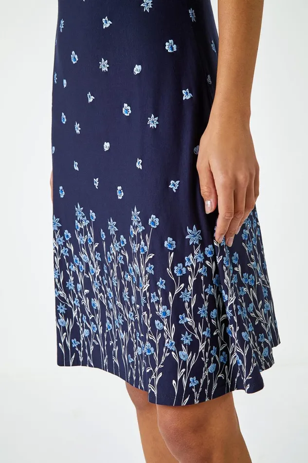 Women Navy Border Print Floral Dress Roman Dresses