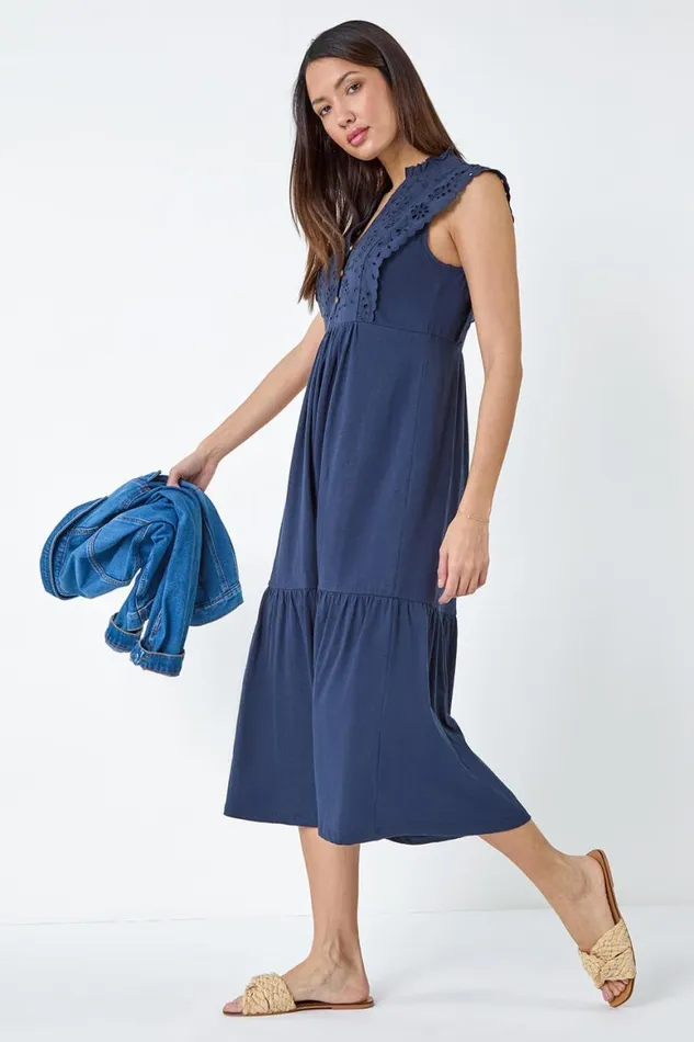 Women Navy Broderie Frilled Cotton Midi Dress Roman Dresses